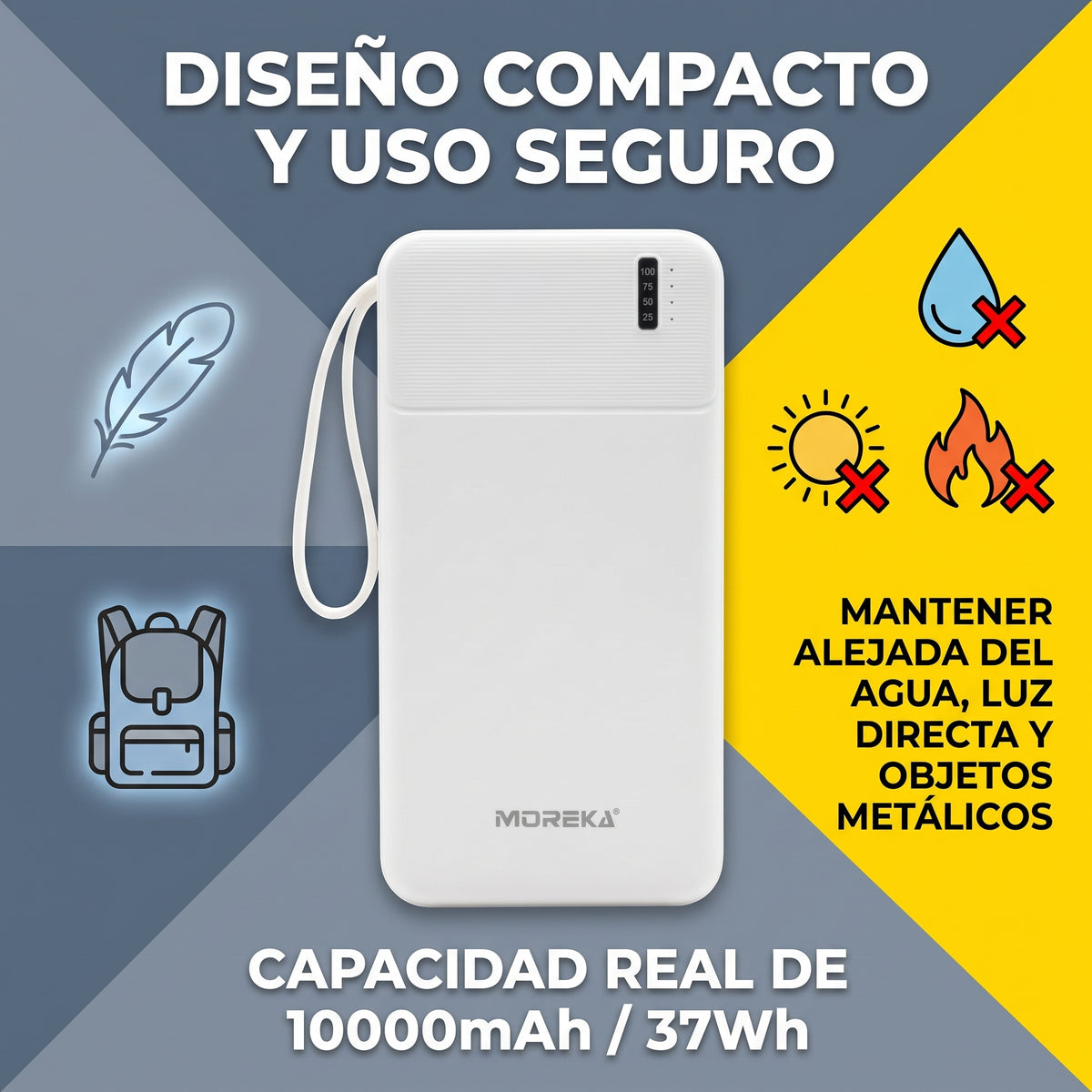 Batería Externa Moreka K120 10000mAh con Cables Integrados y Carga Inteligente 2A