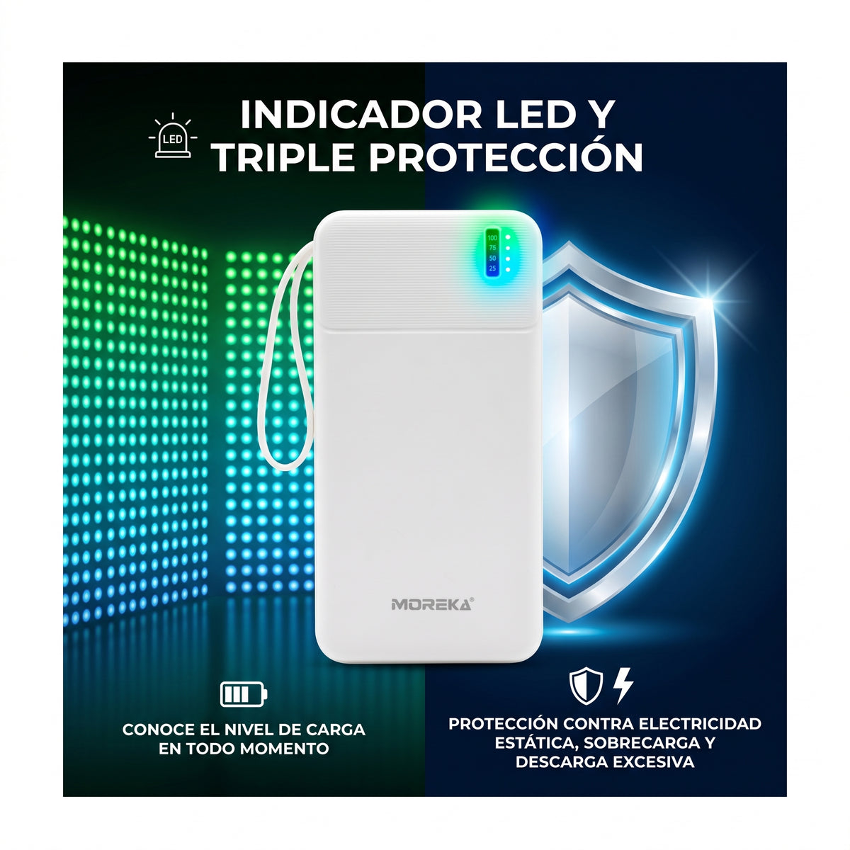 Batería Externa Moreka K120 10000mAh con Cables Integrados y Carga Inteligente 2A