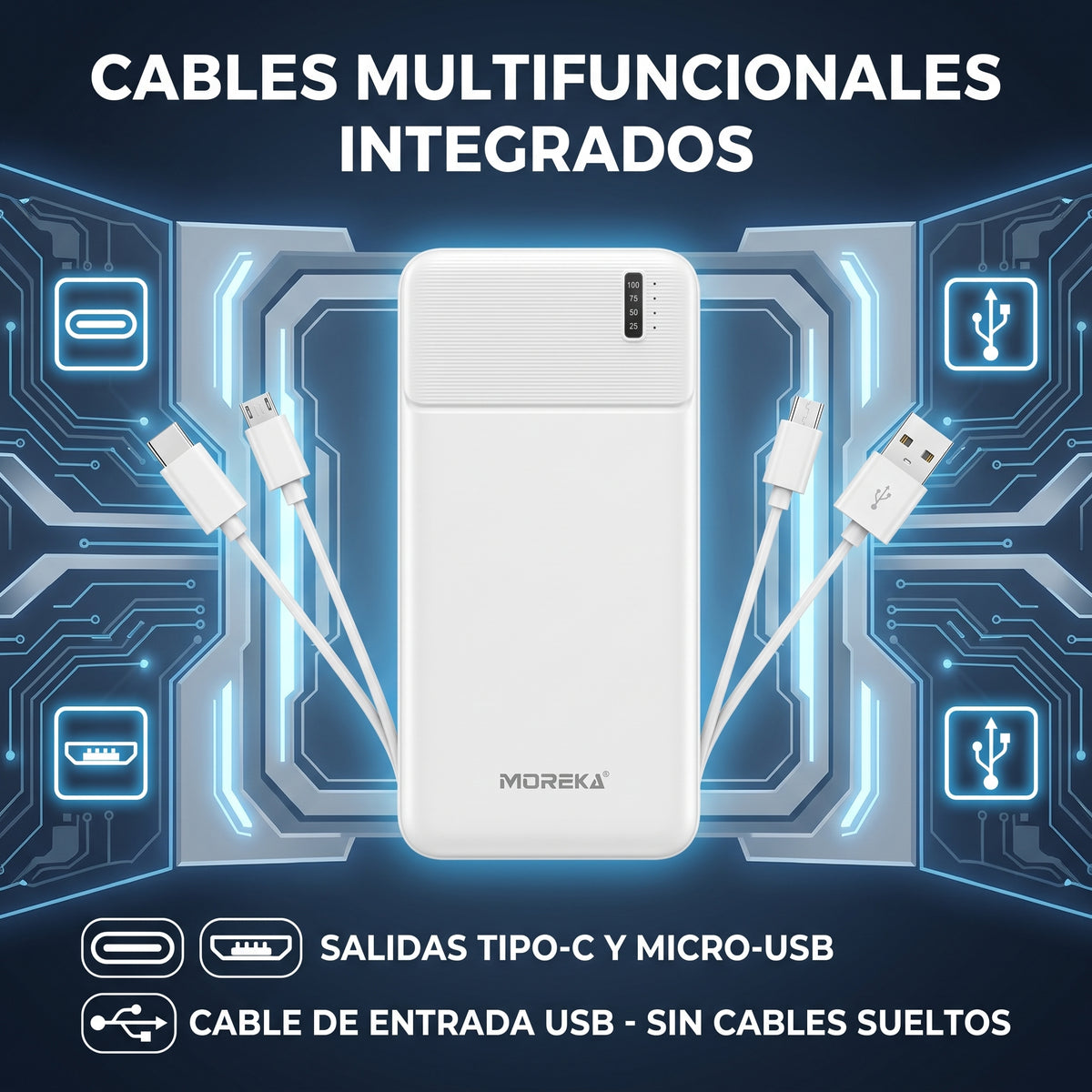 Batería Externa Moreka K120 10000mAh con Cables Integrados y Carga Inteligente 2A