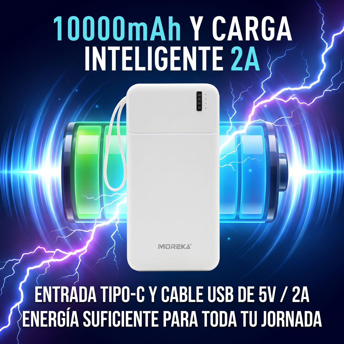 Batería Externa Moreka K120 10000mAh con Cables Integrados y Carga Inteligente 2A