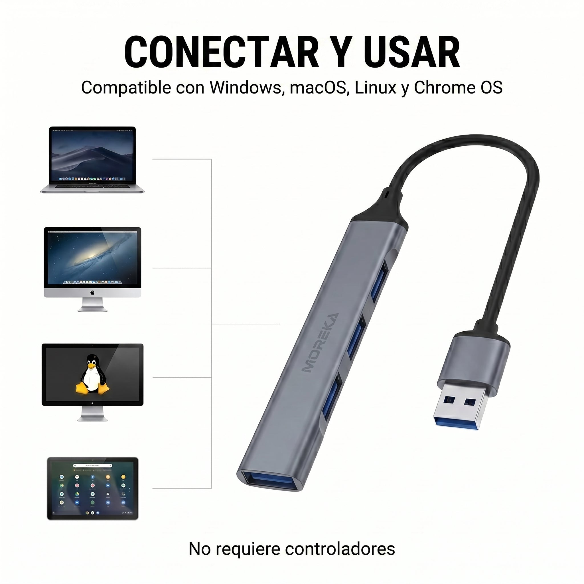 Hub USB 3.0 Moreka KZ02 4 en 1 Alta Velocidad Plug & Play