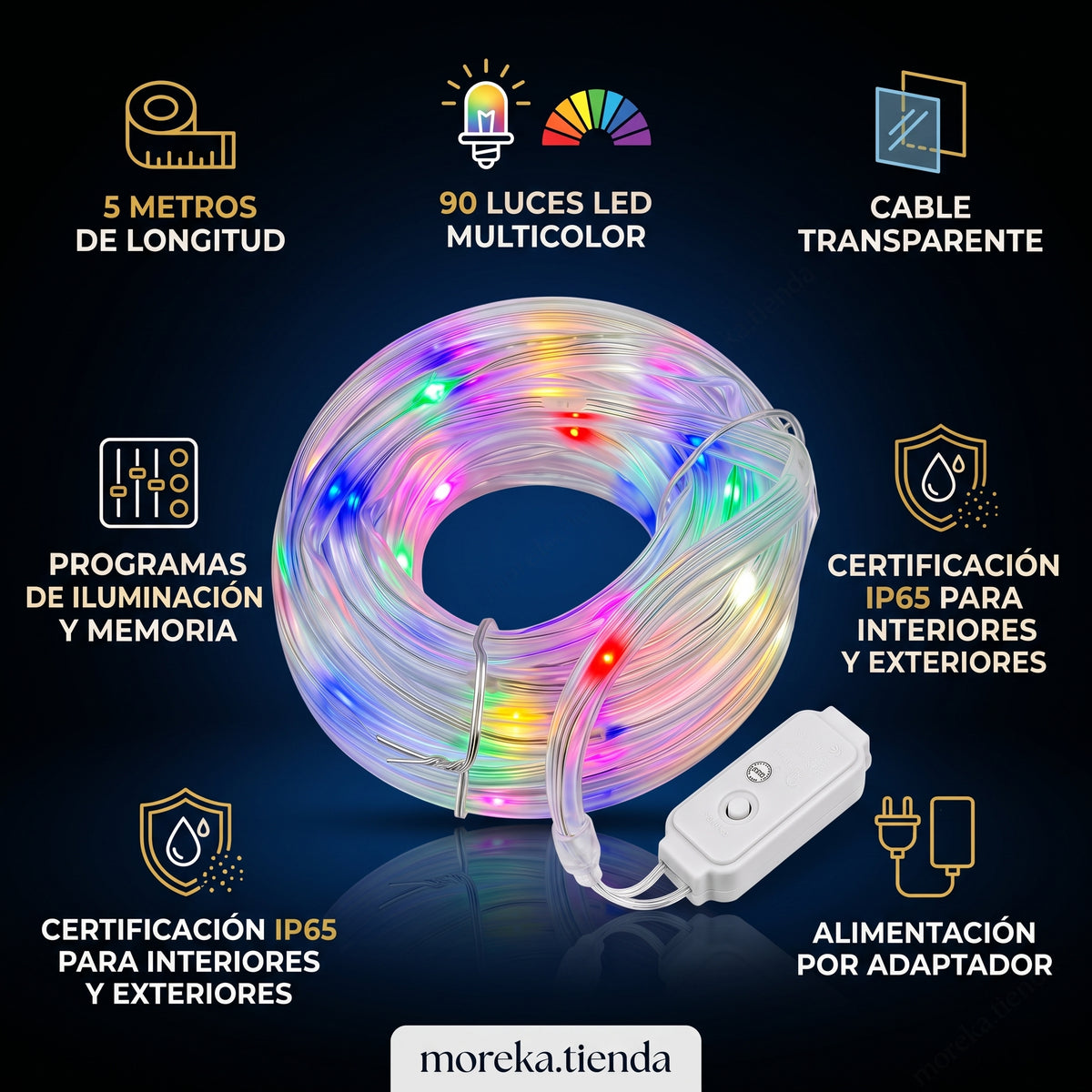 Cuerda de Luces LED Moreka M15-005 5 Metros 90 Luces Multicolor Protección IP65