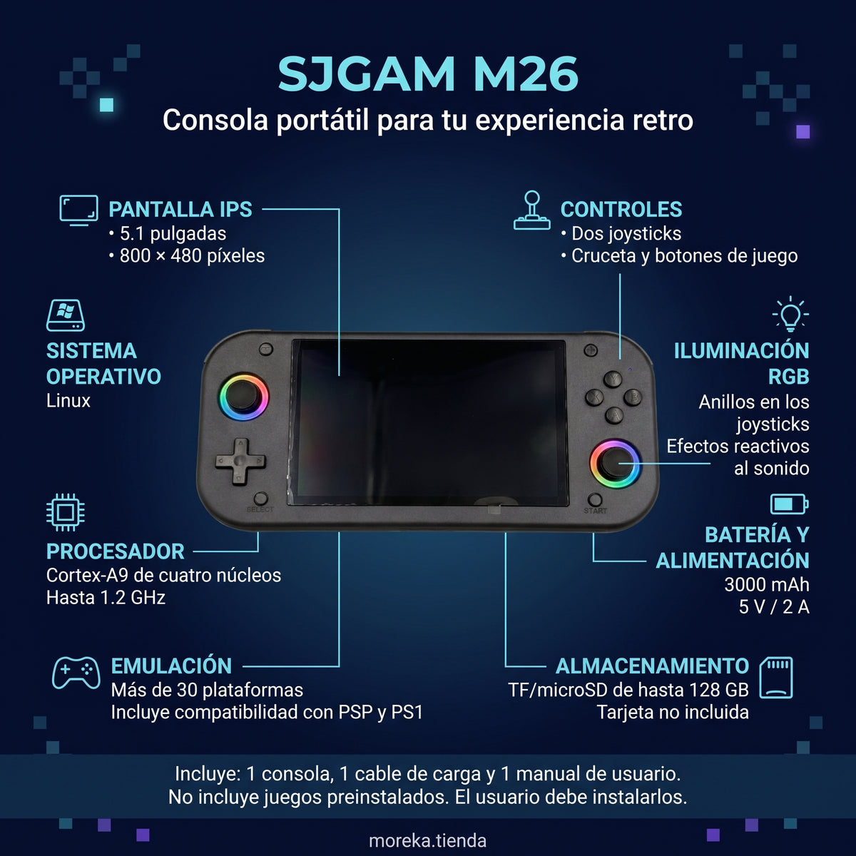 Consola Portátil SJGAM M26 Pantalla IPS 5.1 Pulgadas, Linux  30 Plataformas de Emulación