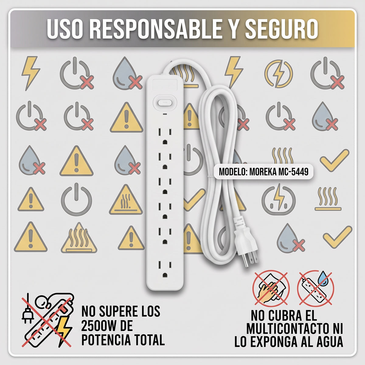 Multicontacto Moreka MC-5449 de 6 Tomas Cable de 2 Metros 2500W