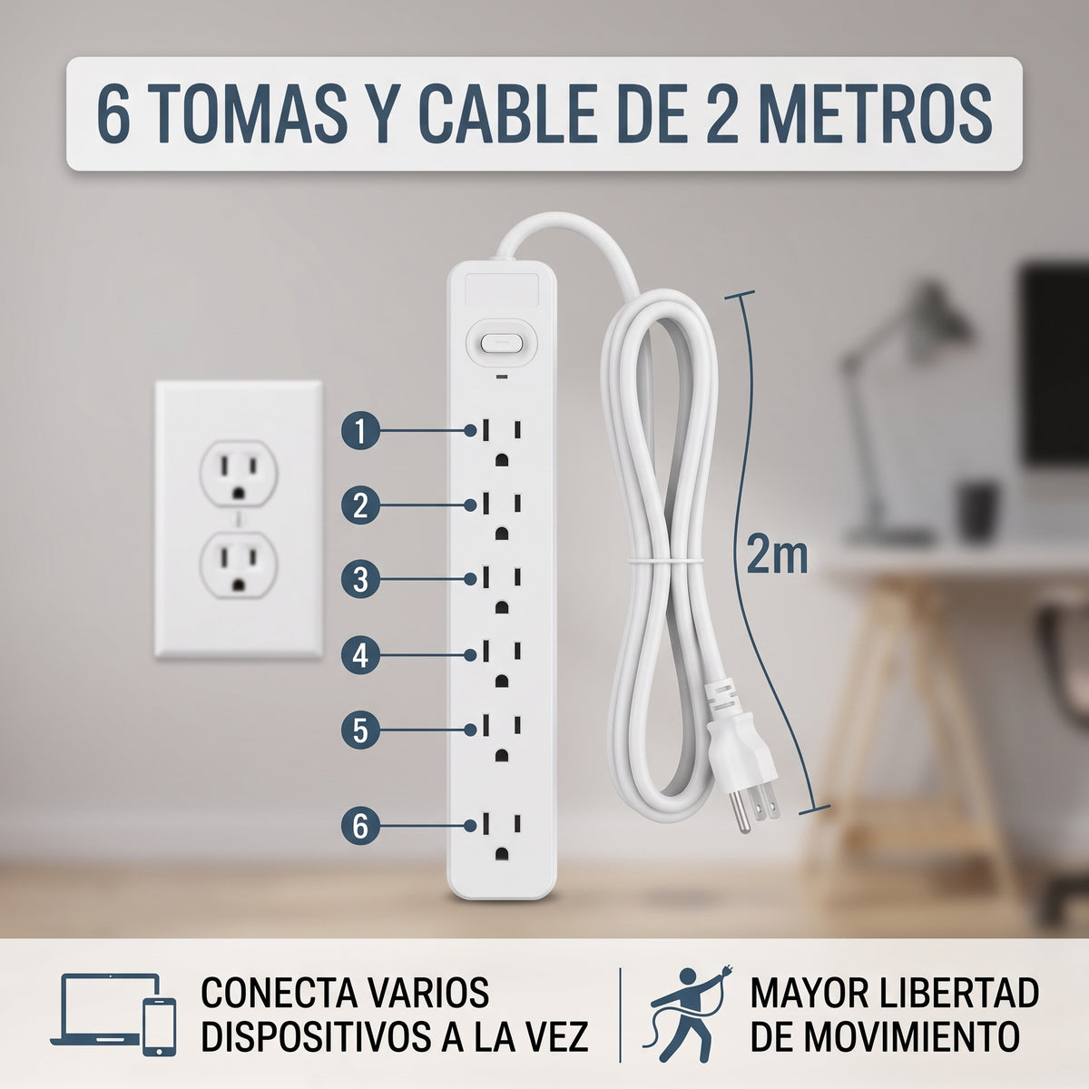 Multicontacto Moreka MC-5449 de 6 Tomas Cable de 2 Metros 2500W