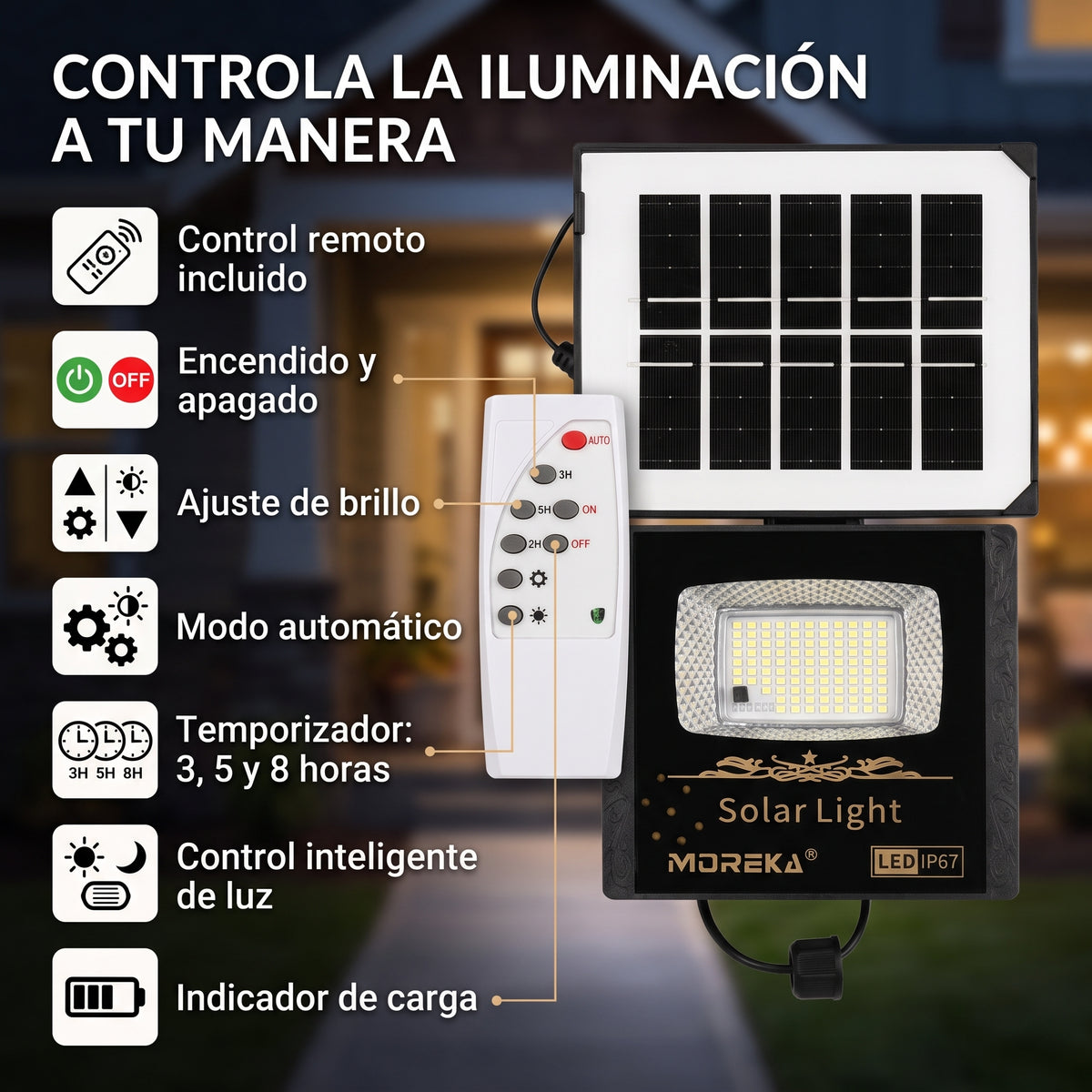 Reflector Solar LED Moreka MOR-070 30W con 102 LEDs, Control Remoto y Protección IP67