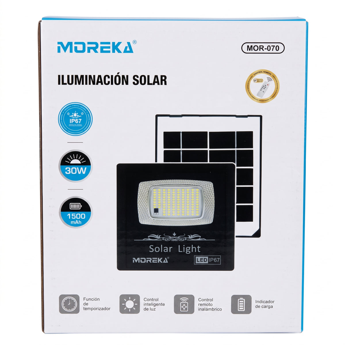 Reflector Solar LED Moreka MOR-070 30W con 102 LEDs, Control Remoto y Protección IP67