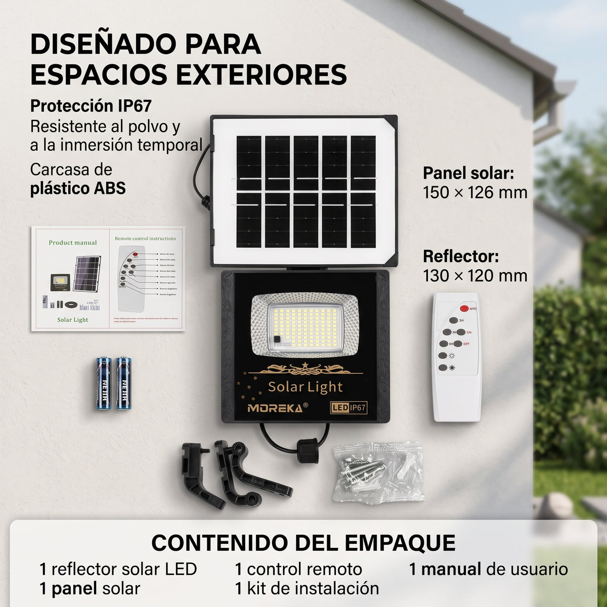 Reflector Solar LED Moreka MOR-070 30W con 102 LEDs, Control Remoto y Protección IP67