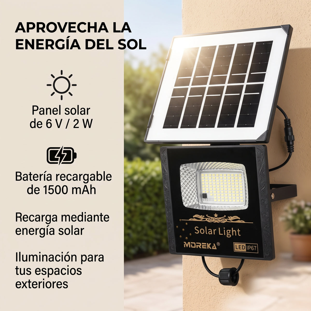 Reflector Solar LED Moreka MOR-070 30W con 102 LEDs, Control Remoto y Protección IP67