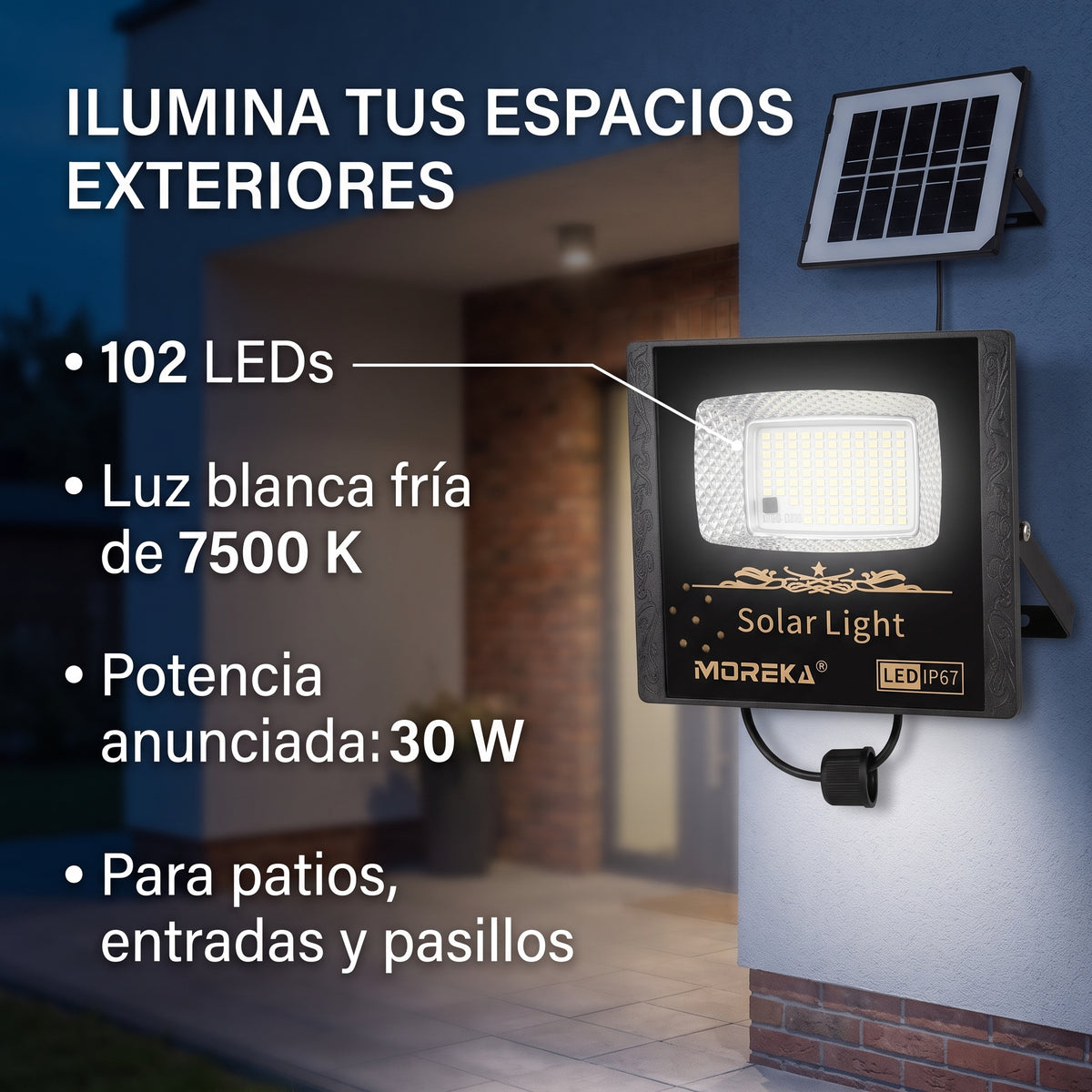 Reflector Solar LED Moreka MOR-070 30W con 102 LEDs, Control Remoto y Protección IP67