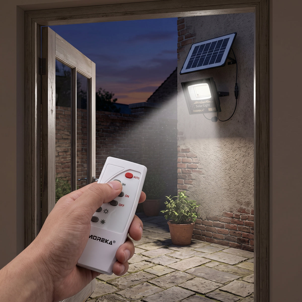 Reflector Solar LED Moreka MOR-070 30W con 102 LEDs, Control Remoto y Protección IP67