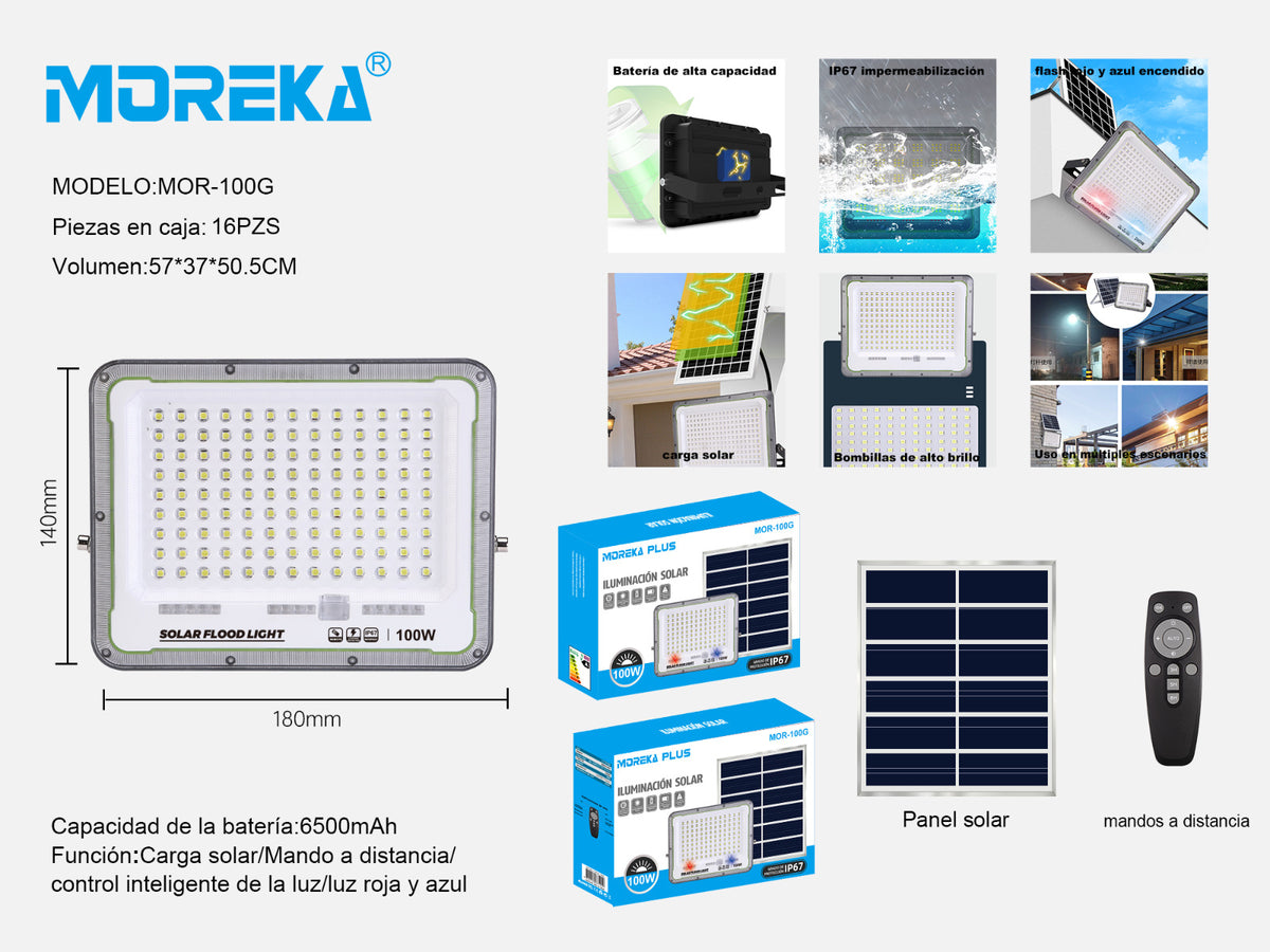 Reflector Solar 100W 6500mAh con Panel solares para intemperie IP67 MOR-100G