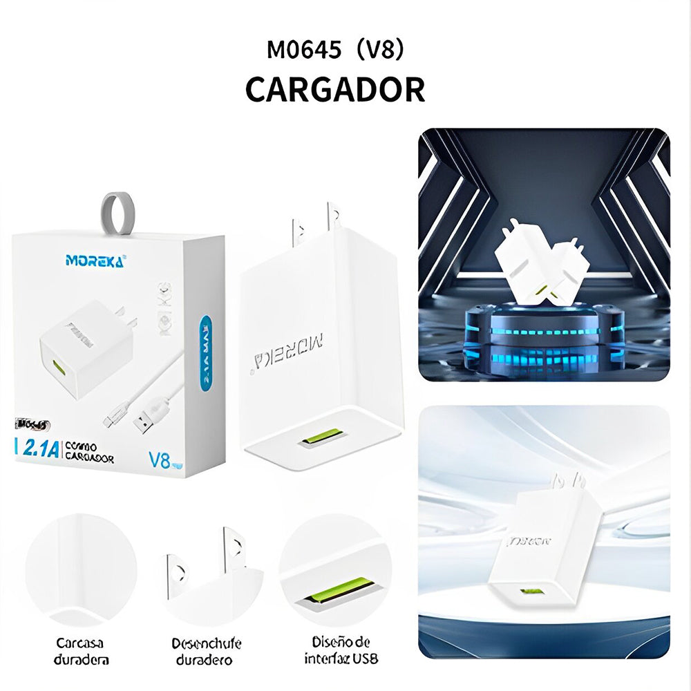 Cargador Micro USB V8 Moreka MR2645 2.1A Usb incluye Cable