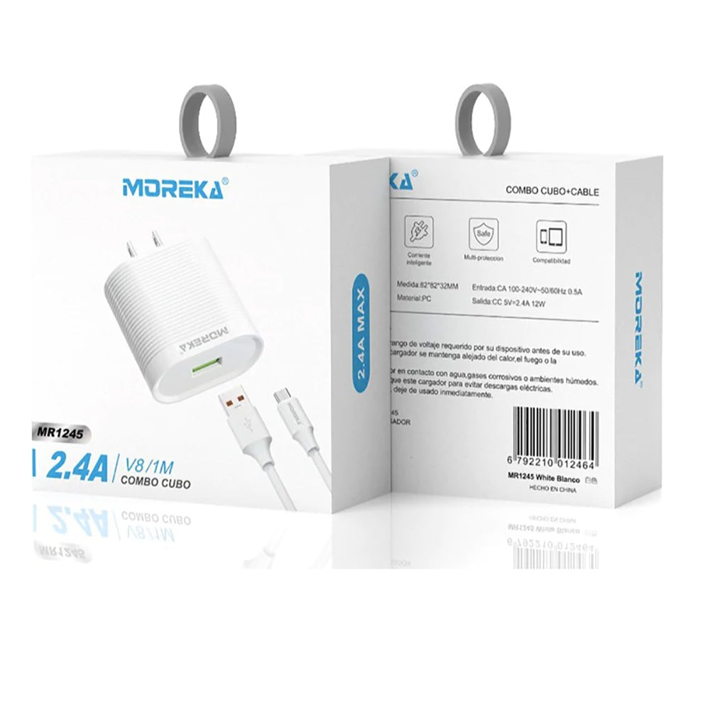 Cargador Moreka MR1245 2.4A Puerto USB incluye Cable Micro USB 1M