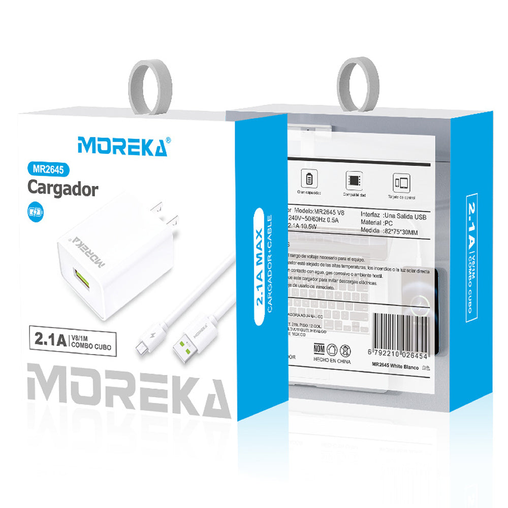 Cargador Micro USB V8 Moreka MR2645 2.1A Usb incluye Cable