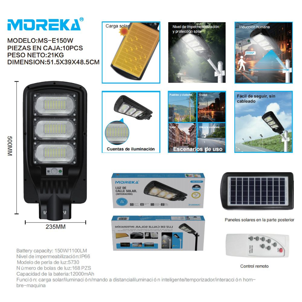 Luminaria Suburbana Alumbrado Publico Solar 150W con Sensor Movimiento MS-E150W