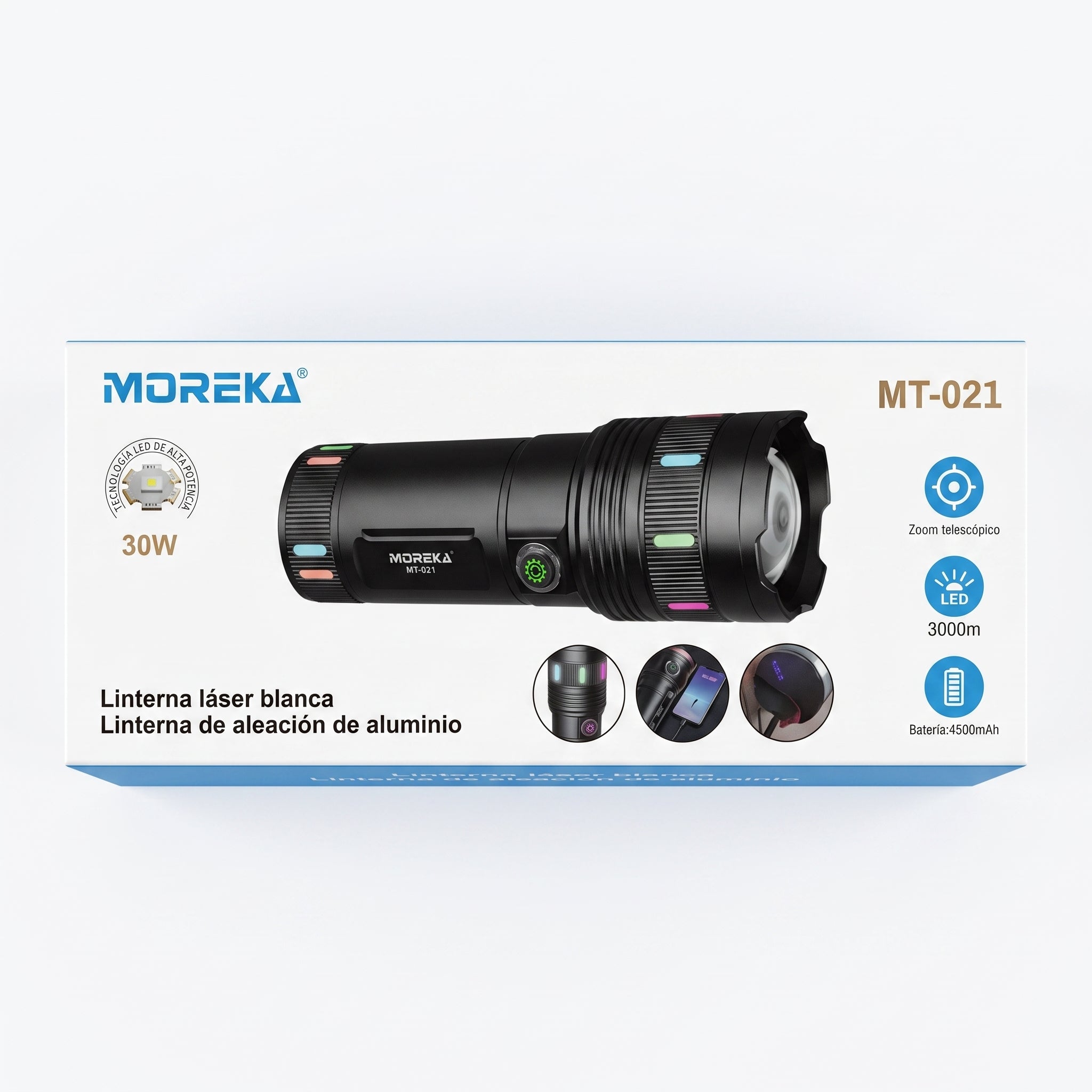 Linterna LED Táctica Recargable Moreka MT-021 30W 4500mAh 3000 Mts
