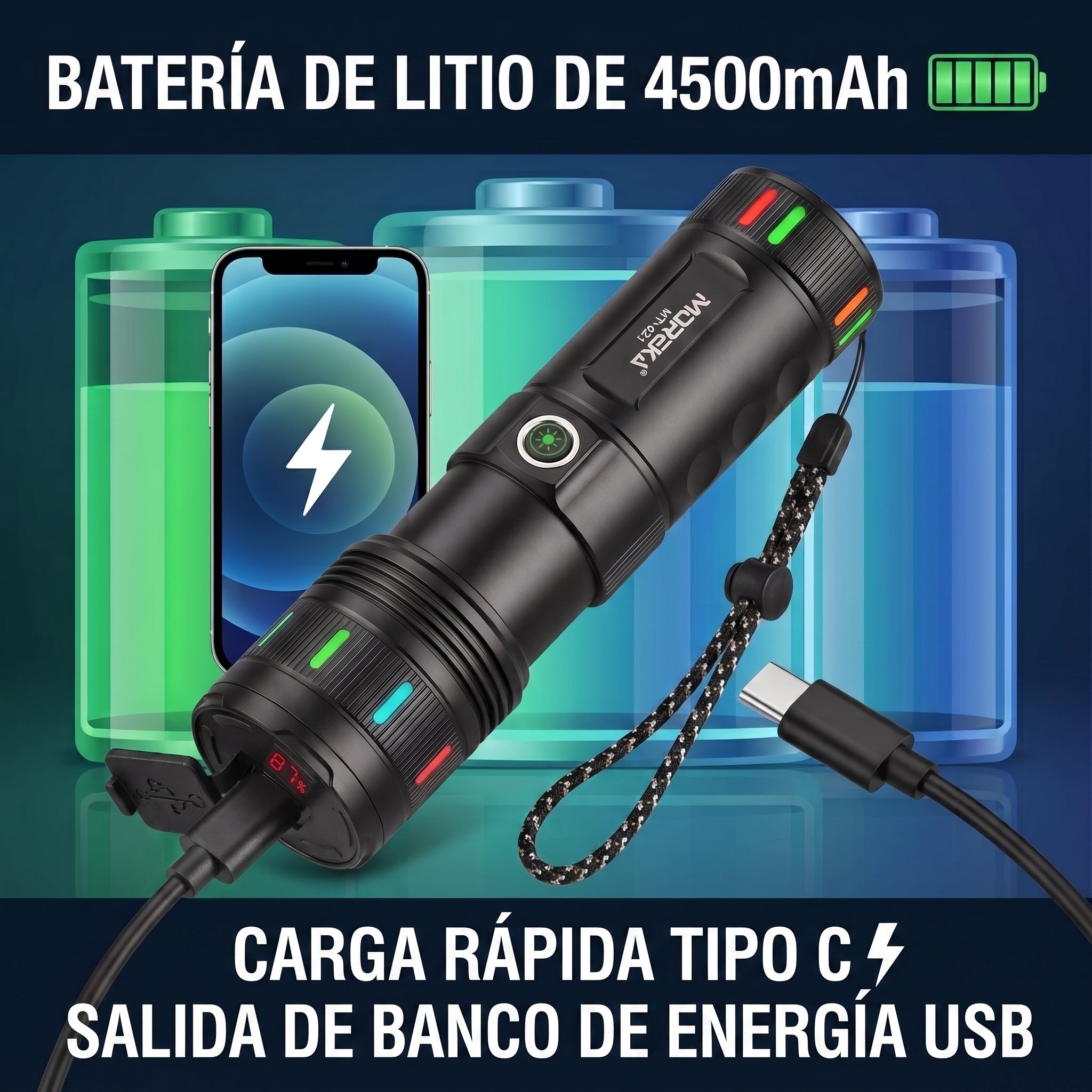 Linterna LED Táctica Recargable Moreka MT-021 30W 4500mAh 3000 Mts