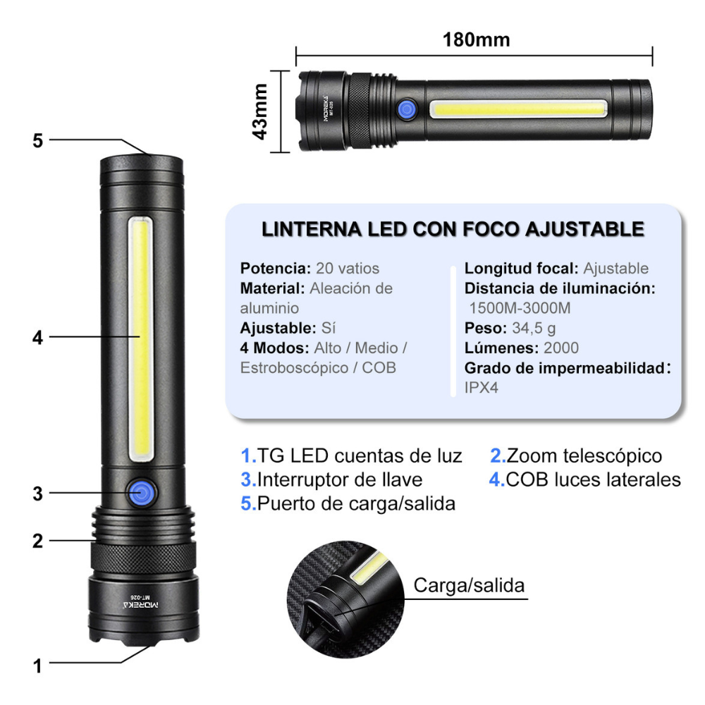 Lampara Táctica Recargable Usb Laser 20W 8800mAh / 4.2V  Moreka MT-026