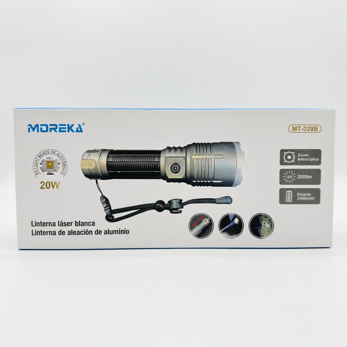 Linterna Recargable Moreka MT-029B 20W con Alcance de 2000 Metros y Zoom Telescópico