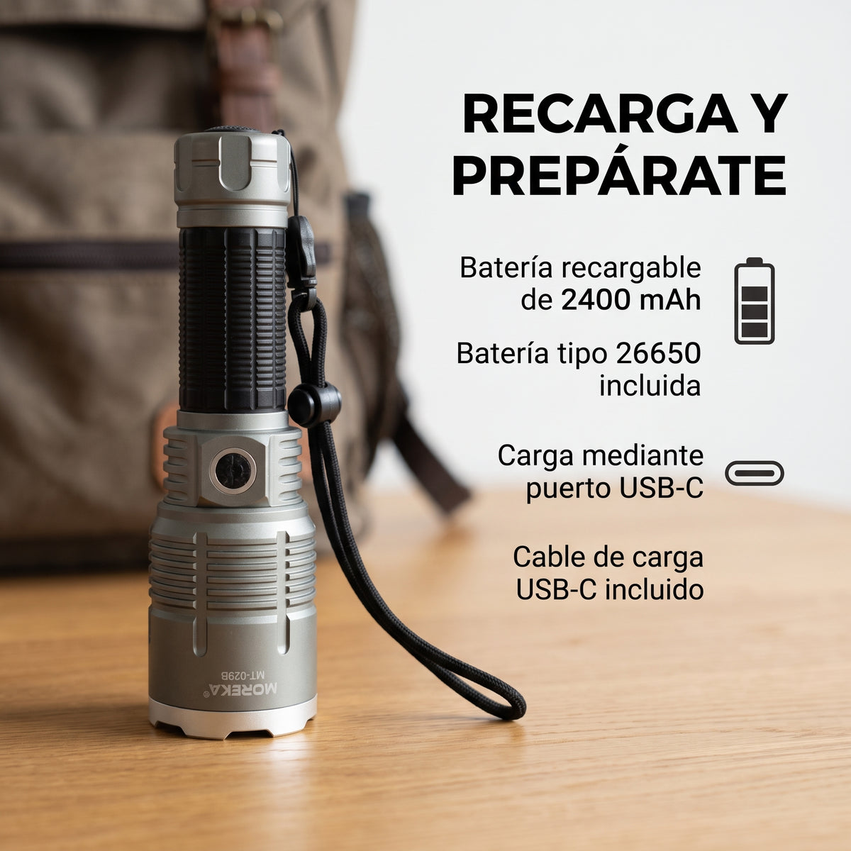 Linterna Recargable Moreka MT-029B 20W con Alcance de 2000 Metros y Zoom Telescópico