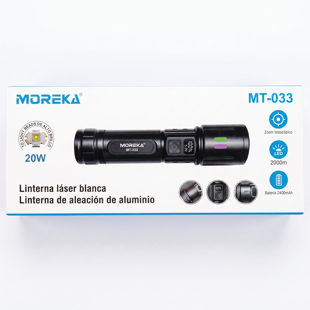 Linterna LED Táctica Recargable Moreka MT-033 20W Telescópica 2400mAh