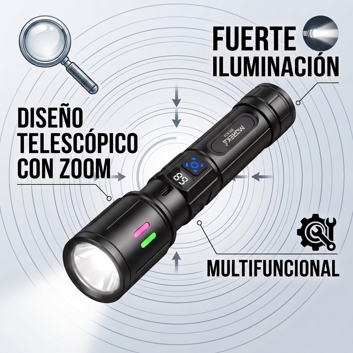 Linterna LED Táctica Recargable Moreka MT-033 20W Telescópica 2400mAh