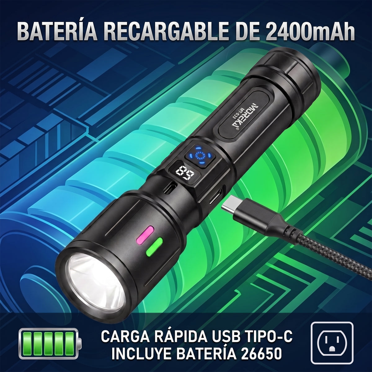 Linterna LED Táctica Recargable Moreka MT-033 20W Telescópica 2400mAh