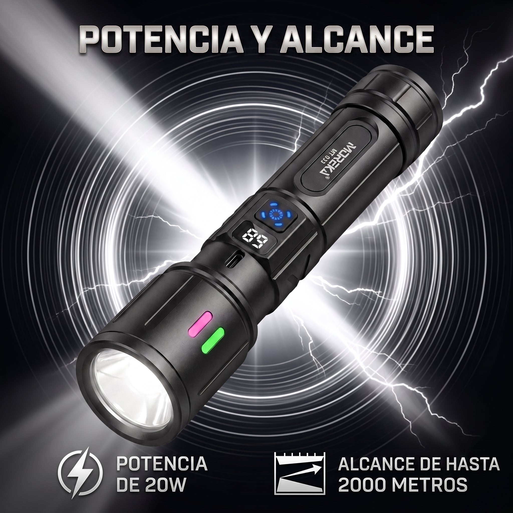 Linterna LED Táctica Recargable Moreka MT-033 20W Telescópica 2400mAh