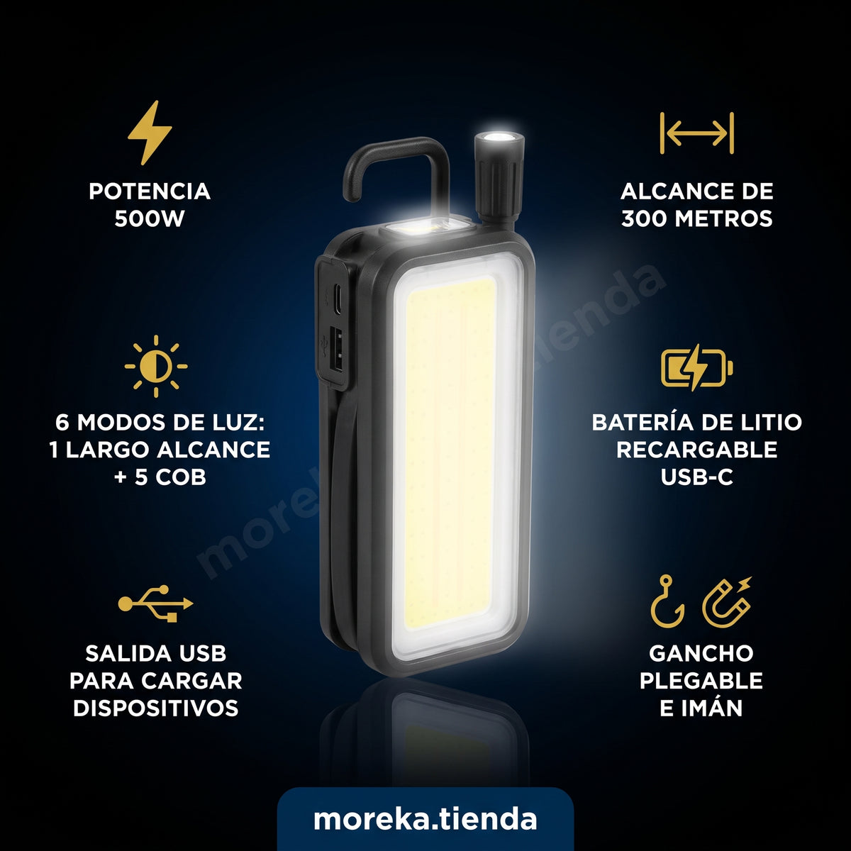 Lámpara de Trabajo LED Moreka MT-049 500W con Panel COB, Gancho e Imán