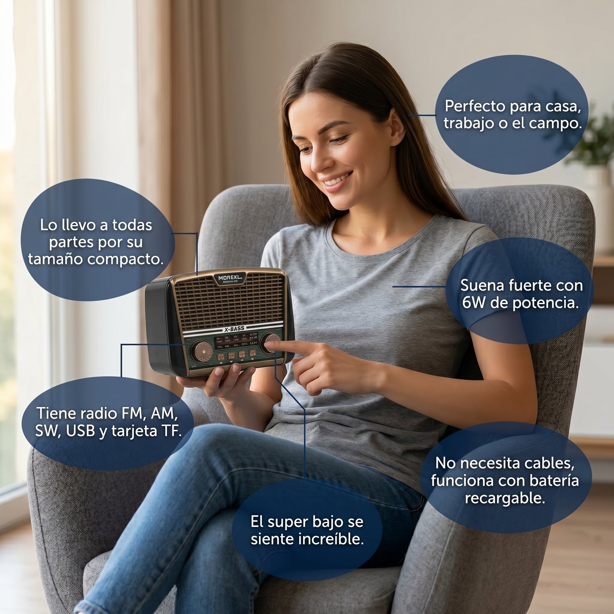 Receptor de 3 Bandas con Súper Bajos y Altavoz de 6W Radio Moraka-228 Potencia y Graves Profundos en un Solo Equipo