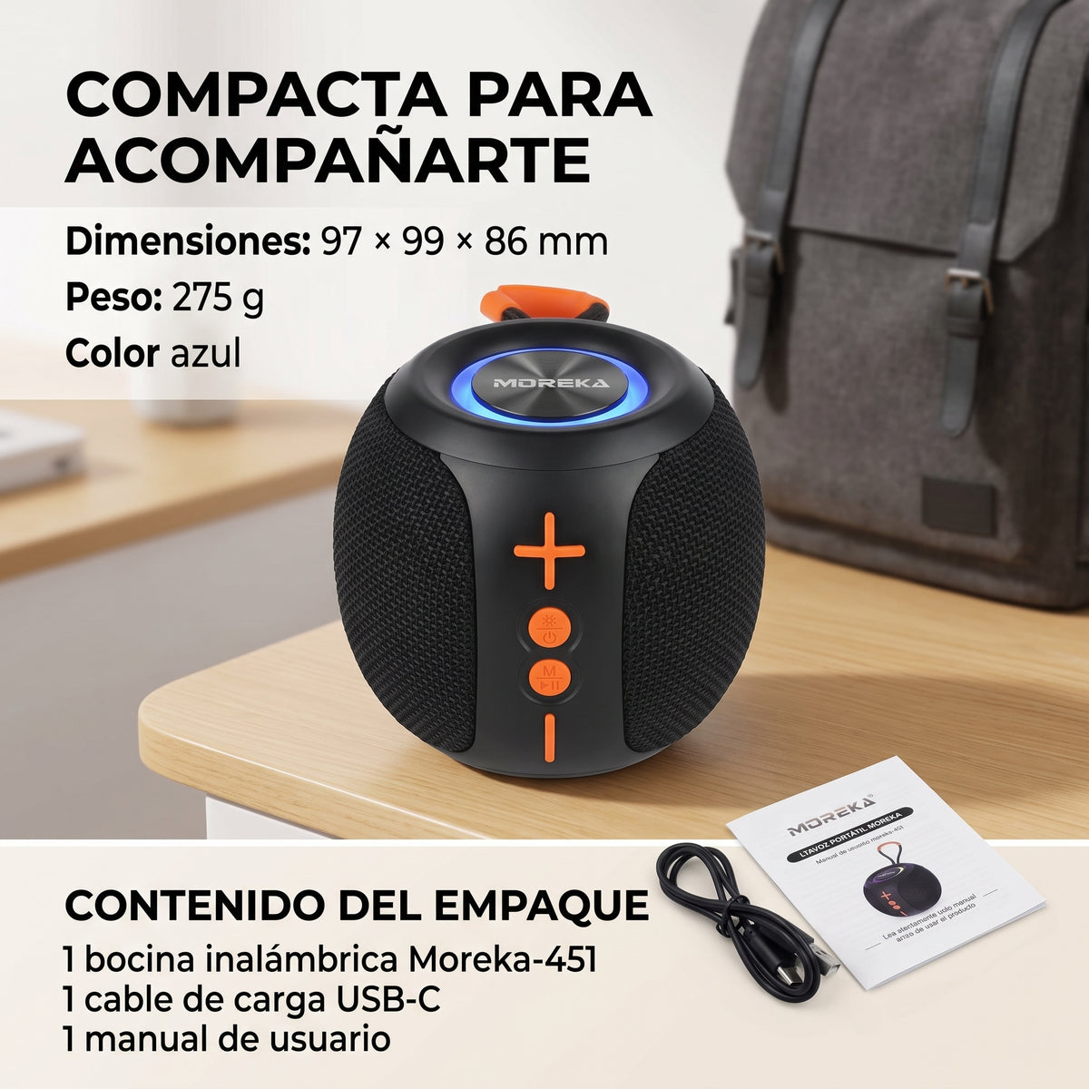 Bocina Inalámbrica Moreka-451 5W con Bluetooth 5.4, Luces RGB y Función TWS