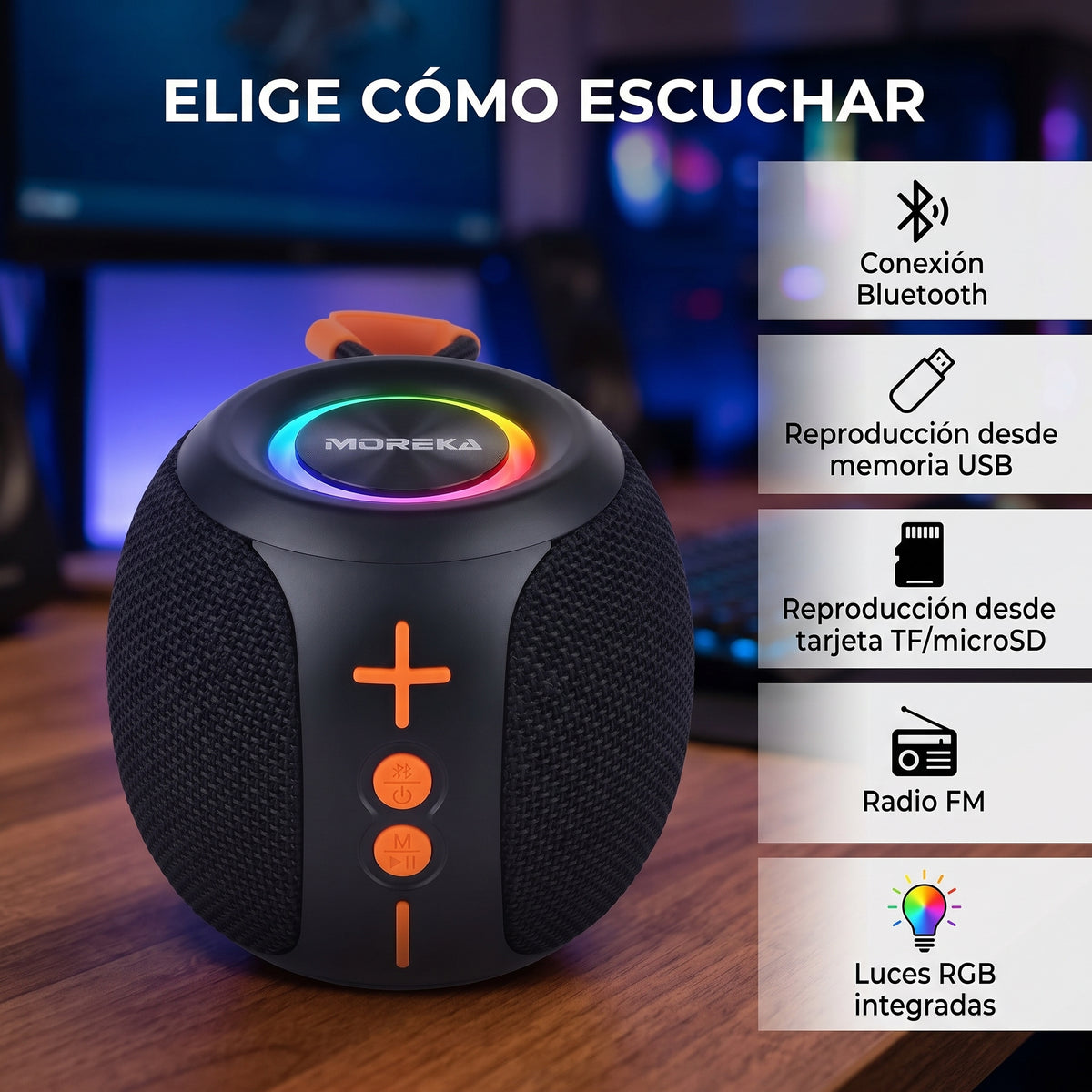 Bocina Inalámbrica Moreka-451 5W con Bluetooth 5.4, Luces RGB y Función TWS