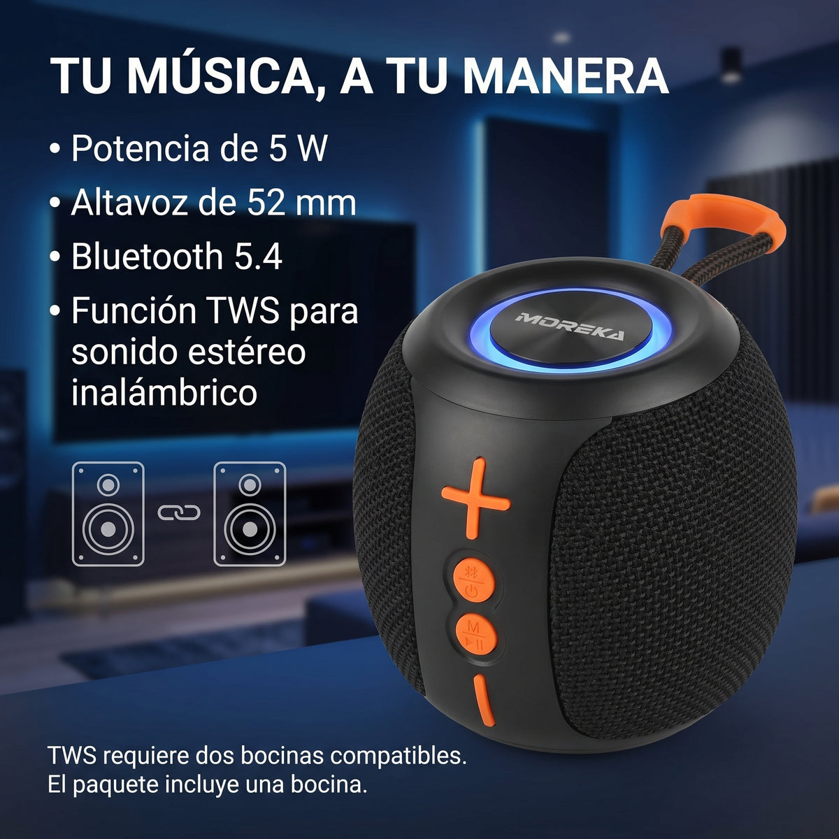 Bocina Inalámbrica Moreka-451 5W con Bluetooth 5.4, Luces RGB y Función TWS
