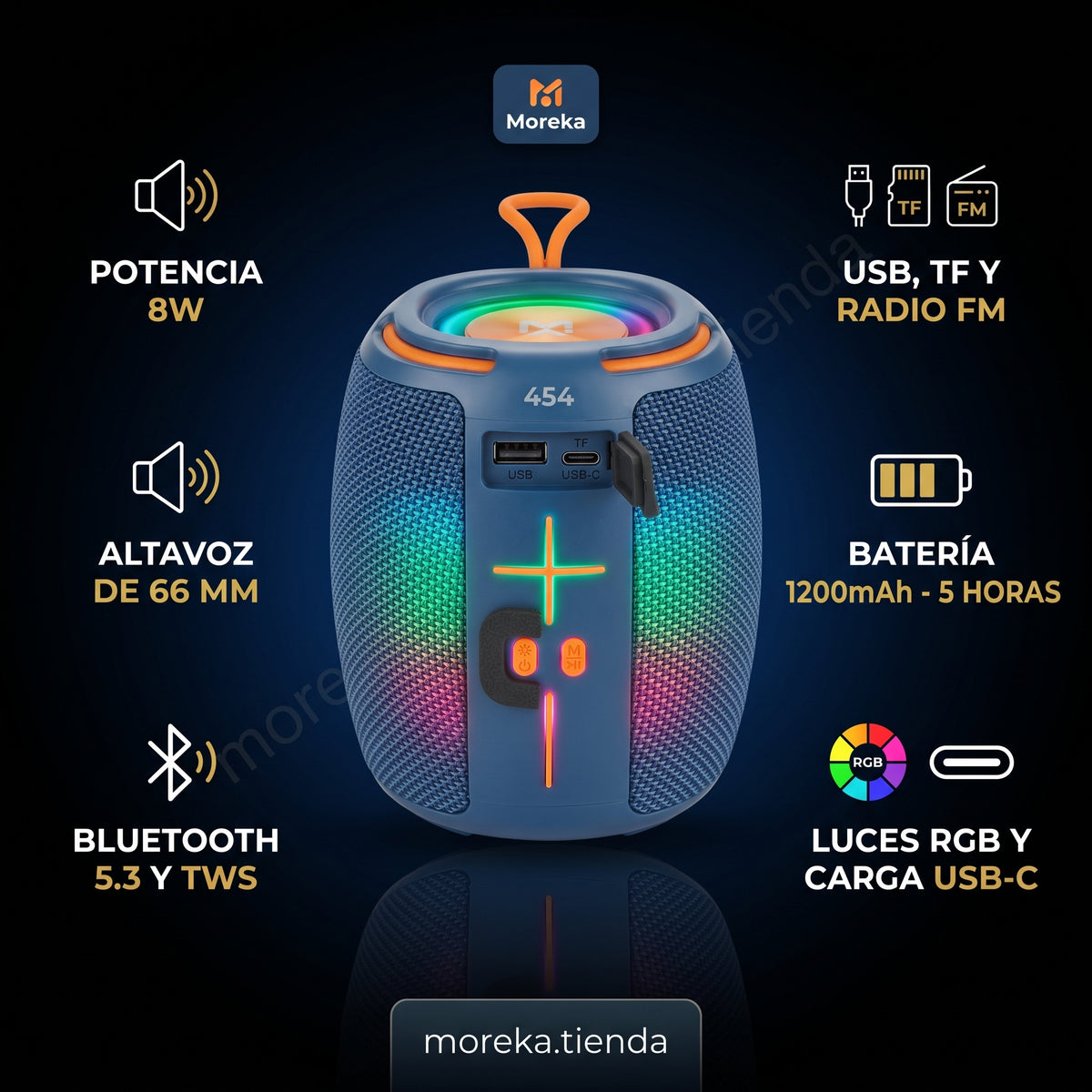 Bocina Inalámbrica Moreka-454 8W con Bluetooth 5.3, Luces RGB y Función TWS