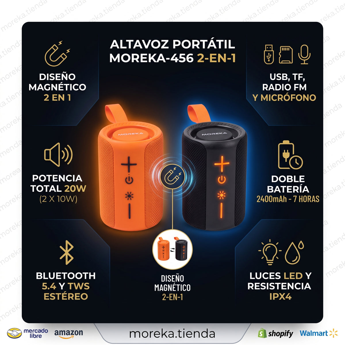 Bocina Inalámbrica Moreka-456 2 en 1 con 20W, Bluetooth 5.4 y Diseño Magnético