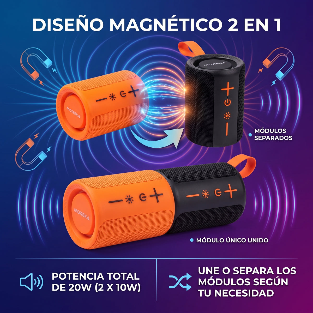 Bocina Inalámbrica Moreka-456 2 en 1 con 20W, Bluetooth 5.4 y Diseño Magnético