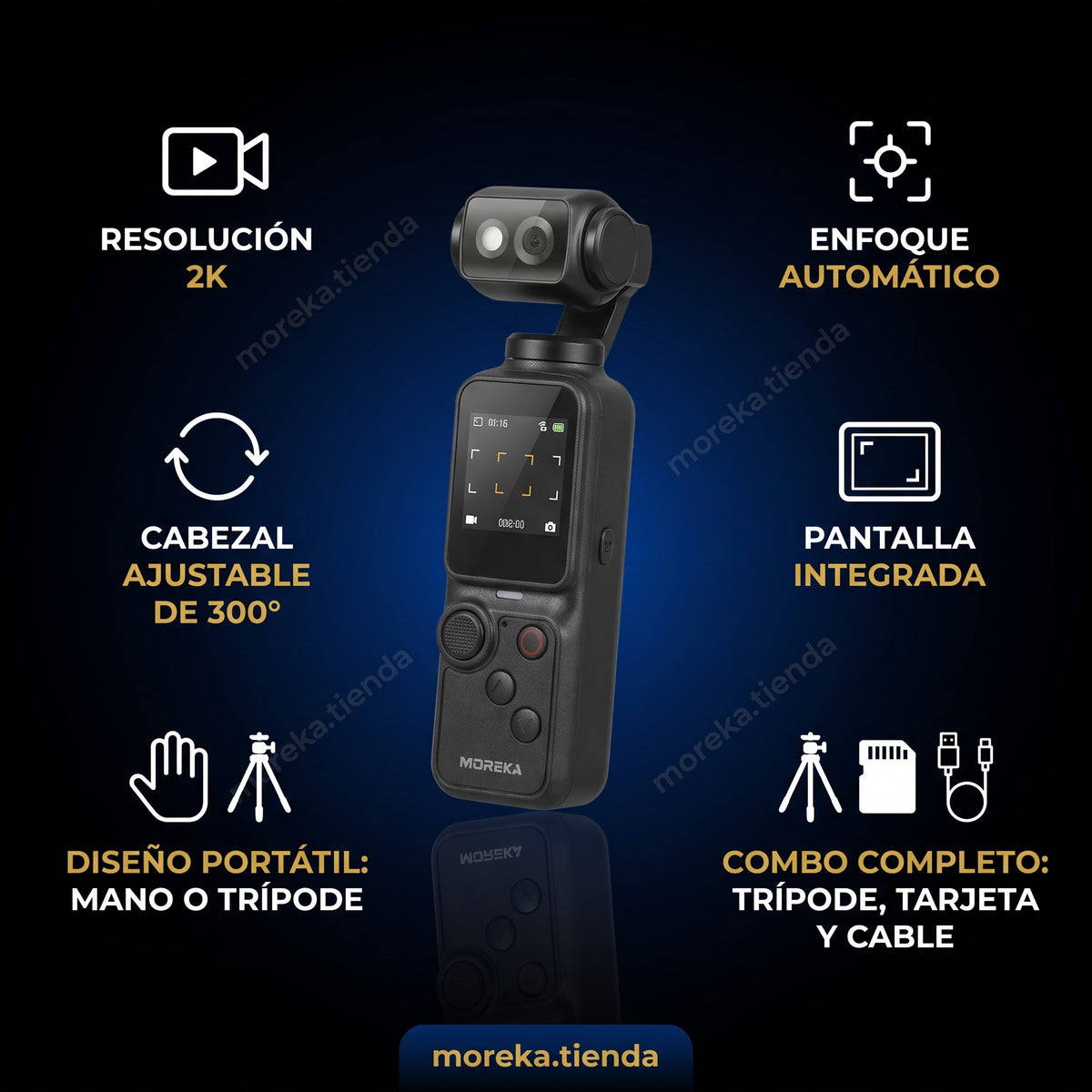 Cámara de Mano MOREKA Pro 4 Combo Creador 2K con Trípode y Pantalla Integrada