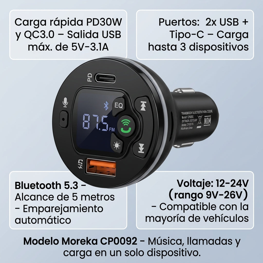 Reproductor MP3 Multifunción para Coche CP0092: Música, llamadas y carga rápida en un solo dispositivo