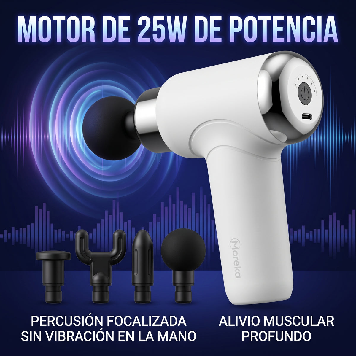 Pistola Facial Moreka S100-T Masajeador Muscular Portátil Cabezales Intercambiables