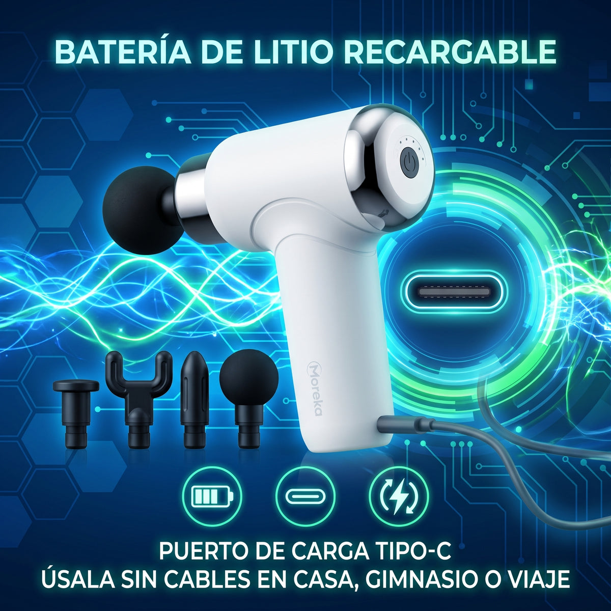 Pistola Facial Moreka S100-T Masajeador Muscular Portátil Cabezales Intercambiables