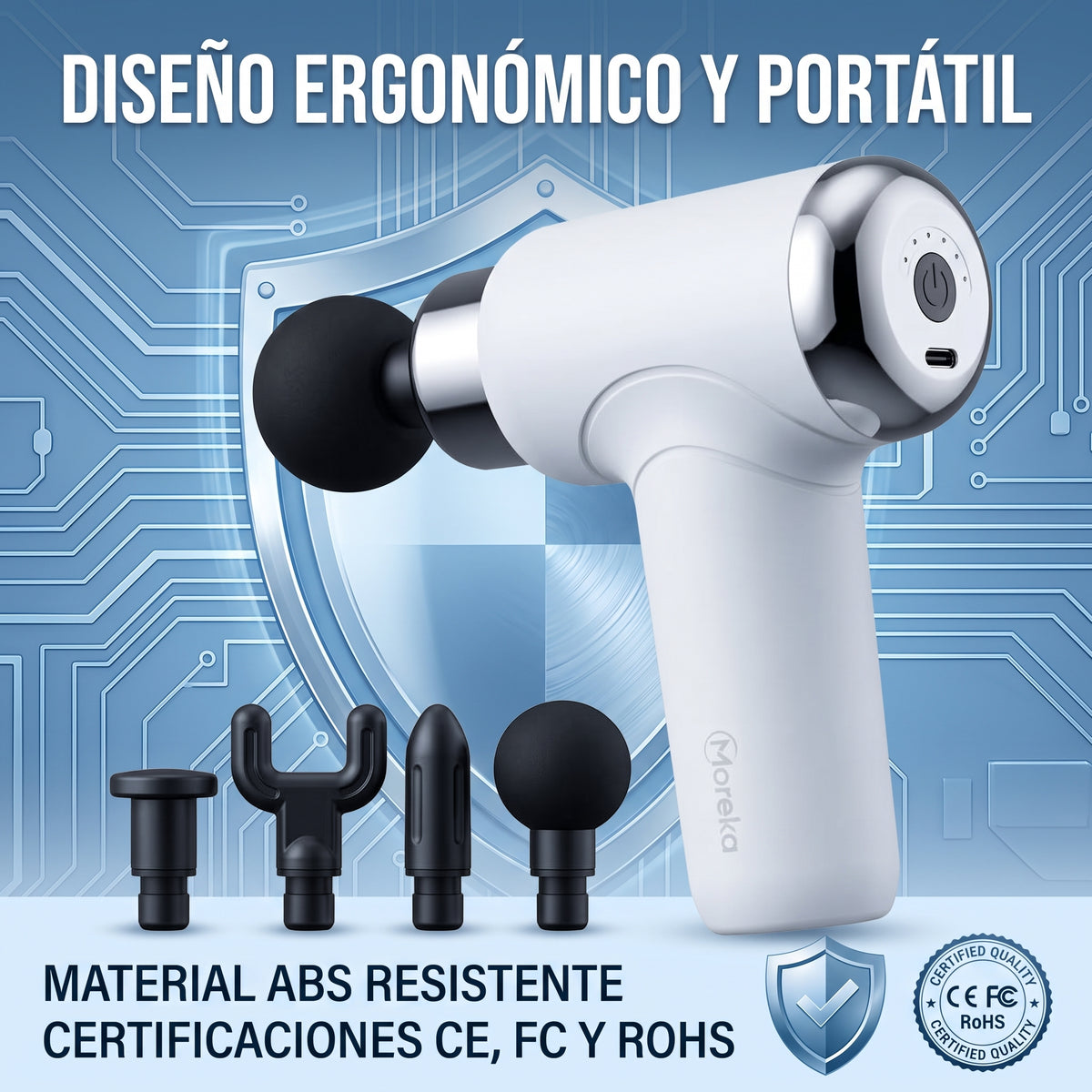 Pistola Facial Moreka S100-T Masajeador Muscular Portátil Cabezales Intercambiables