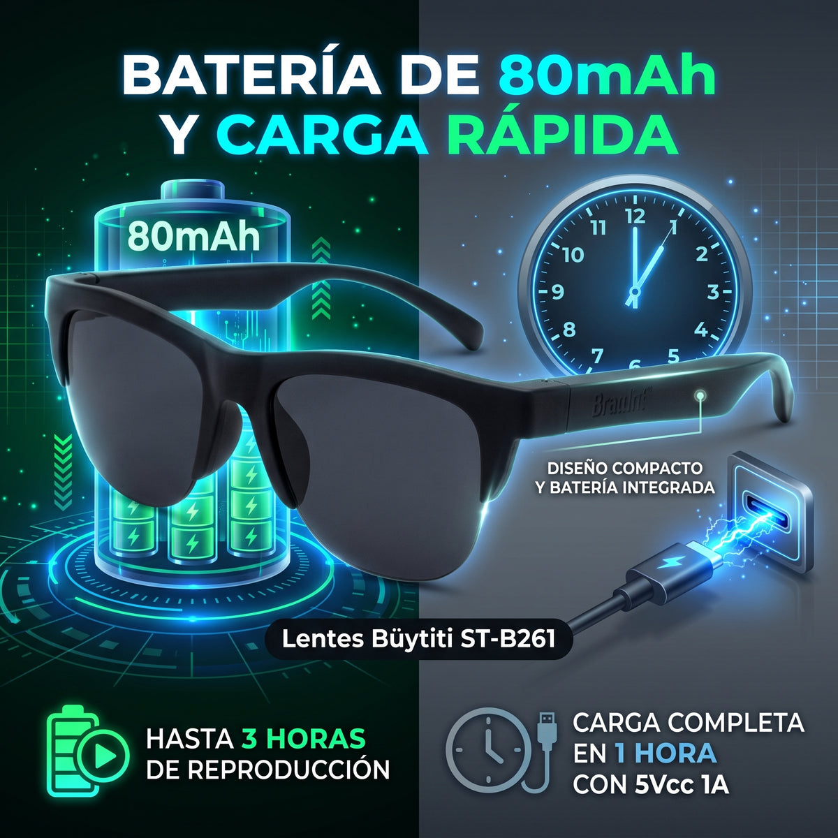 Gafas Auriculares Inalámbricos Büytiti ST-B261 Bluetooth 5.4 Protección UV