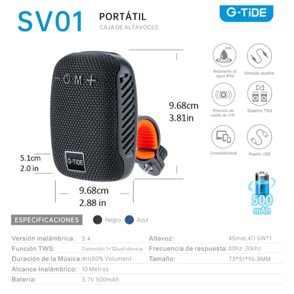 Bocina Moto Bluetooth G-TIDE SV01 TF Card Radio FM 500mAh Resistente al agua IPX6