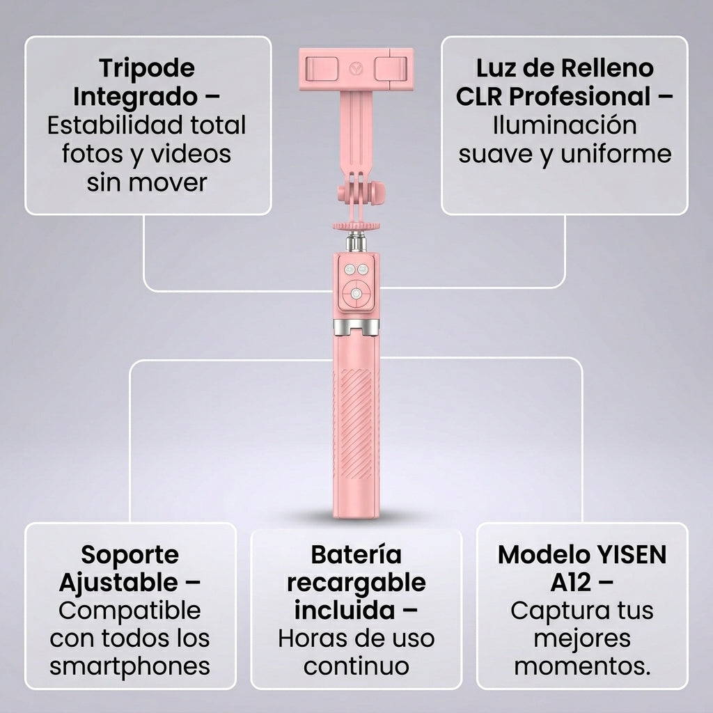 Palo para Selfies con Trípode y Luz de Relleno YISEN A12