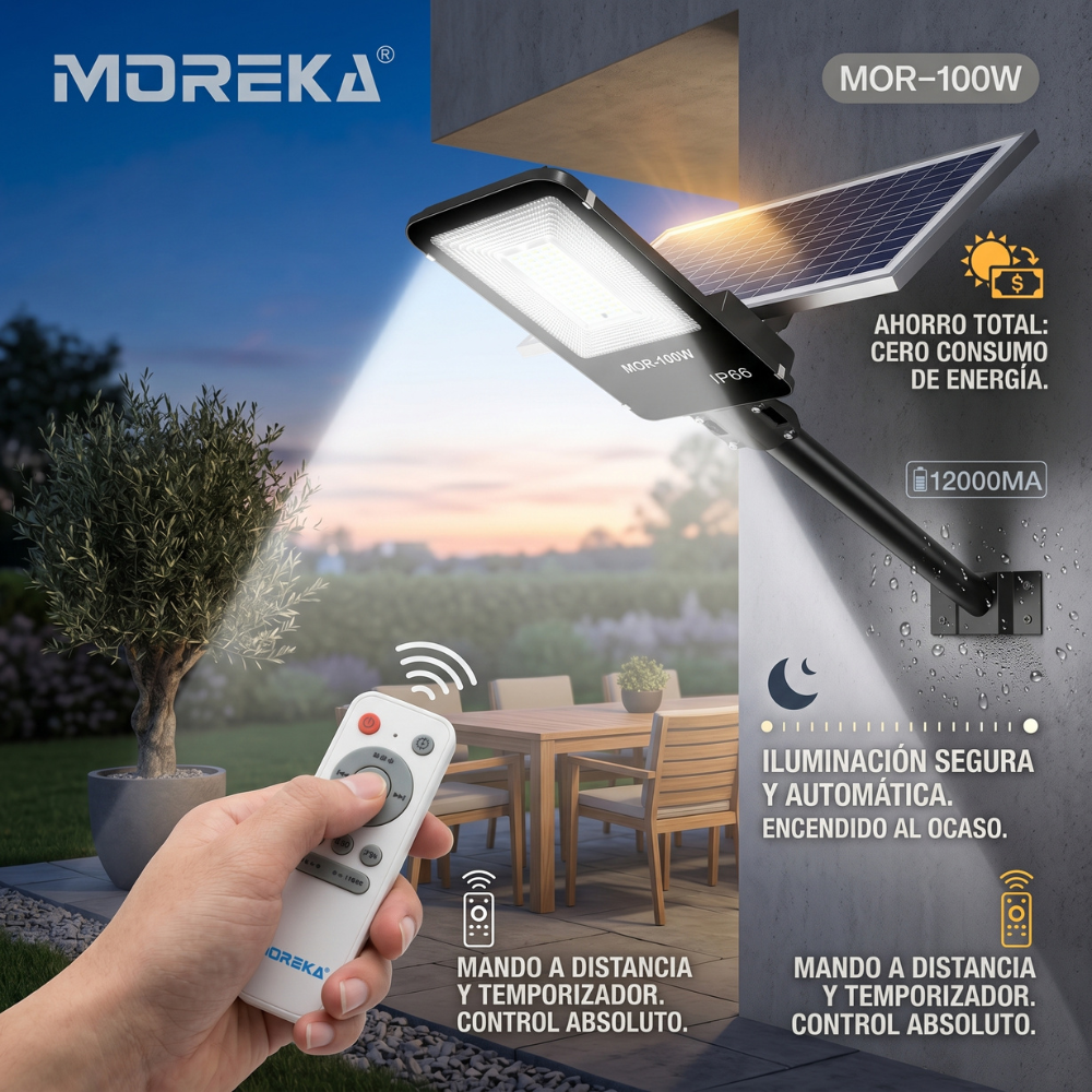 Luz de Calle Solar Moreka MOR 100W Cero Consumo con Control Remoto y Temporizador IP66 para Exteriores