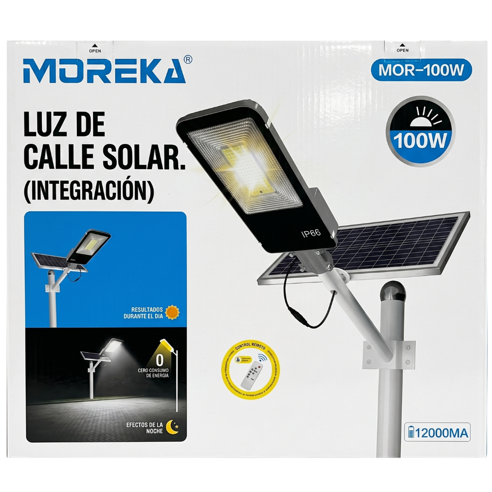 Luz de Calle Solar Moreka MOR 100W Cero Consumo con Control Remoto y Temporizador IP66 para Exteriores
