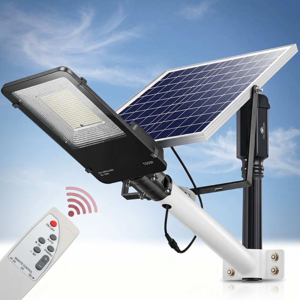 Luz de Calle Solar Moreka MOR 100W Cero Consumo con Control Remoto y Temporizador IP66 para Exteriores