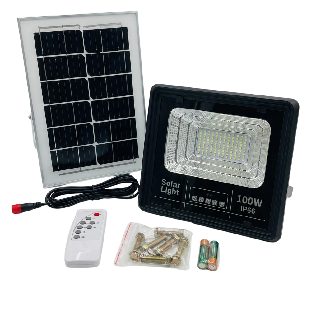 Lámpara Solar 100W MS-100W para Exterior Ilumina Toda la Noche sin Cableado Control Remoto IP66 Resistente a Lluvia y Polvo Ahorro Energético para Jardín o Garaje