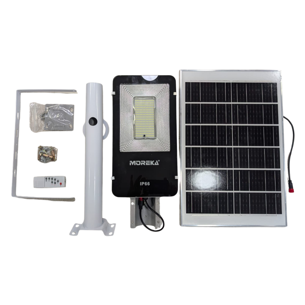 Luz de Calle Solar Moreka MOR 100W Cero Consumo con Control Remoto y Temporizador IP66 para Exteriores